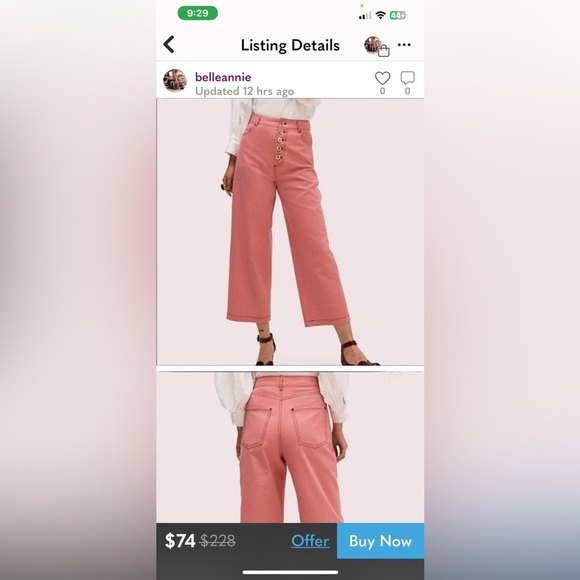 Kate Spade Pink Wool Cotton Heather Basket Weave Pants Wide Leg Cropped Button - Picture 3 of 12